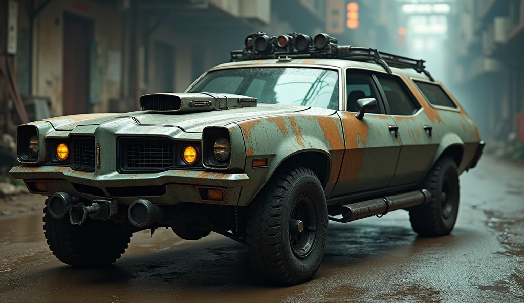 Cyberpunk Pontiac Vintage Armored Wagon、Shallow depth of field、(masterpiece:1.3) (最high quality:1.2) (high quality:1.1)、Cinematic Light, ((Cinema Lighting),(Natural light),(High level of artistry),(artistic),(Indistinguishable quality from the real thing),RAW Photos,Genuine,Genuine,High resolution,RAW Photos,masterpiece, beautiful,