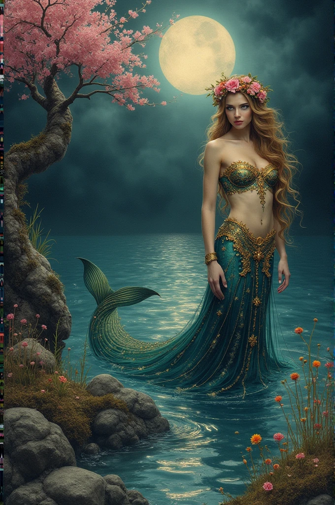 Underwater, Hyper detailed art masterpiece vintage, reflection water ripples, gleaming full body mermaid girl, storm sea, big backdrop moonlight, bubbles,  dark, horror, smoke, mist, fog, ink dripping painting style thick visible brush strokes shimmering shiny gold gleaming full body siren girl flower crown on sea with intricate Klimt motifs with red  with moss, grass and wildflowers growing out of it with flower ornate detailed clothes by Anton Belovodchenko,. The left side features a highly blossoming pink cherry tree with vibrant red and pink flowers and dark branches. The background all rendered in shades of black and gray. A moonlight is positioned in the upper right corner, adding a splash of color to the monochromatic scene. The overall composition is balanced and harmonious, with a serene and tranquil atmosphere. Masterpiece, award winning photography, Ultra-detailed, 64k artistic photography, photorealistic, ultra highly detailed, watercolor,