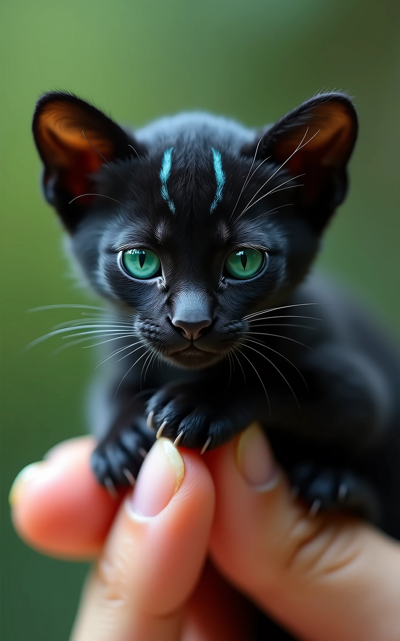 Photorealistic, 34k, A micro panther perched on a human finger