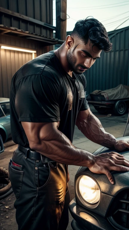 28 years old Vik Reddy car mechanic black grease stains on face and body, car repair outdoor, bright color, white lights