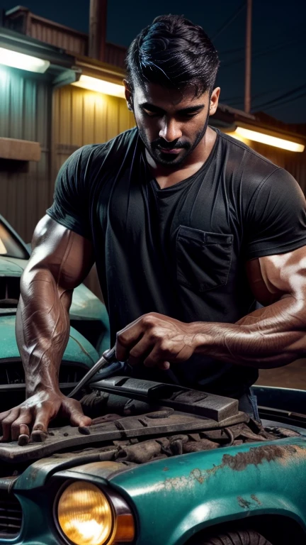 28 years old Vik Reddy car mechanic black grease stains on face and body, car repair outdoor, bright color, white lights