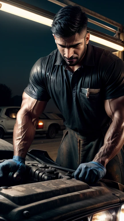 28 years old Vik Reddy car mechanic black grease stains on face and body, car repair outdoor, bright color, white lights 