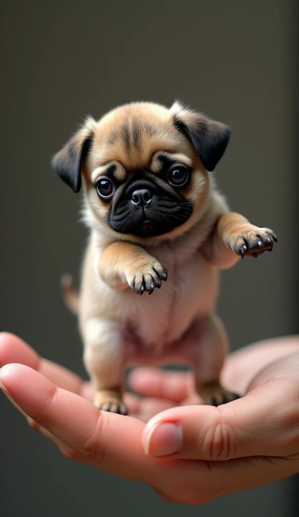 photorealistic, 34k, A tiny baby pug dancing perched on a human hand