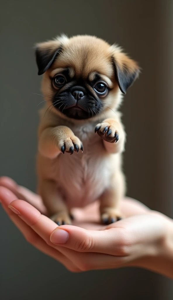photorealistic, 34k, A tiny baby pug dancing perched on a human hand