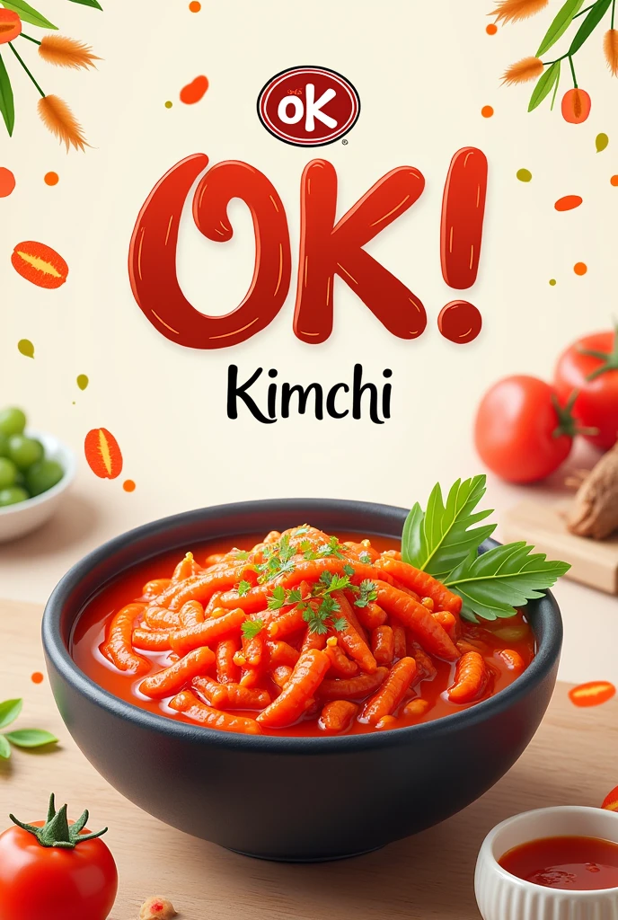 Create poster for advertisement purpose.

Add in our Brand's logo, OK! Kimchi. Please search the logo in Google or . Our product brand is OK! Kimchi, which origin from Miri, Sarawak, Malaysia.

Please use light and attractive colour to do the design, add in Korean culture elements to highlight the traditional food of kimchi. Please use real food image. Please use only English words. Add in product image of our cabbage Kimchi 500g and 300g, radish kimchi 300g, 2 in 1 kimchi 300g and radish pickles 300g

Add in words as below :
OK! Kimchi, one of the best Korean authentic kimchi you can found in town!