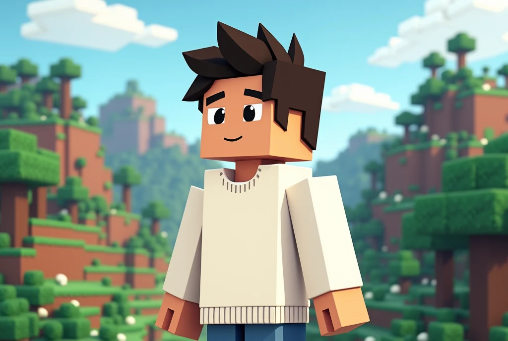 Make a white sweater boy, He has to be like Minecraft and he has to have hair like Gabriel Breia's, the background with a Minecraft world
