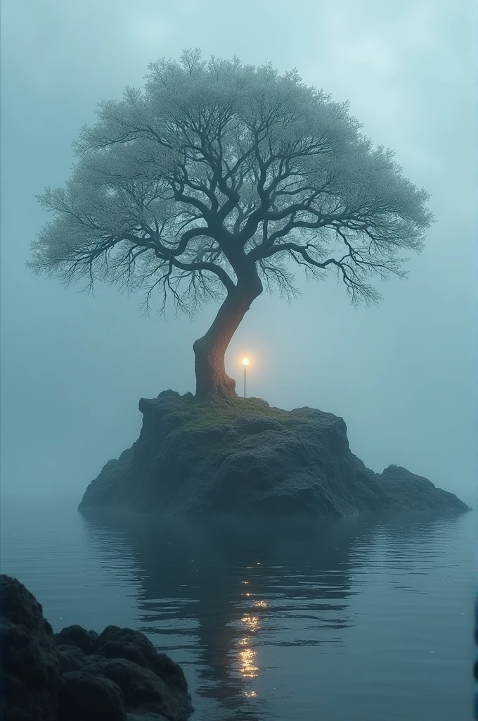 I am the special rock next to the special tree from which you can see all the wisdom, elegance, power in the middle of the sea surrounded by fog and we only highlight the branches of the tree and I the stone always together the details are incredibly real you can see all the majesty  , The message I want to convey is that good things always last. , very royal style , 48k photo editing