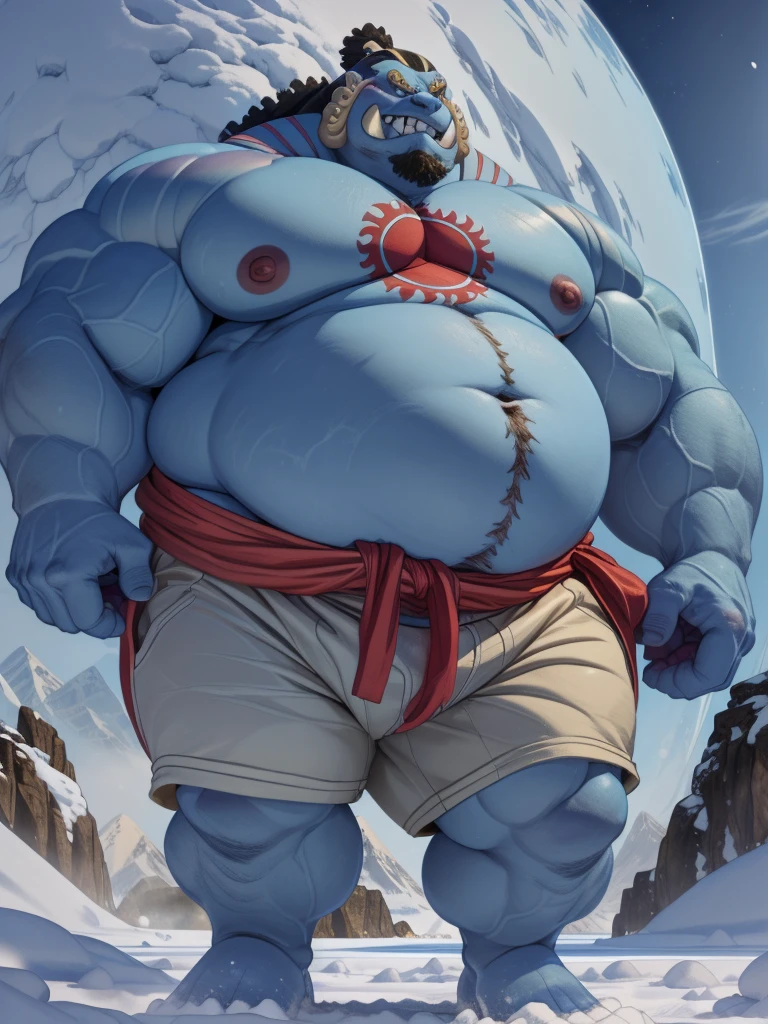 1boy, 1man, solo, (jinbei:1.2), jinbei, macro shot over a planet, macro bigger than earth, earth, gigantic, hyper detailed, (topless, shirtless, shorts), well-muscled old man, bearded, snowy mountain. ((chubby, fat belly, huge belly, massive belly, extremely huge muscular, massive muscular, extremely muscle size, super thick arms, huge pec, hyper pec, bigger chest, extremely wide pectoral , huge arms)), wide smiling. Add textures and details to make the image more realistic, such as the appearance of the. Make sure the resulting image is high resolution, 8K quality