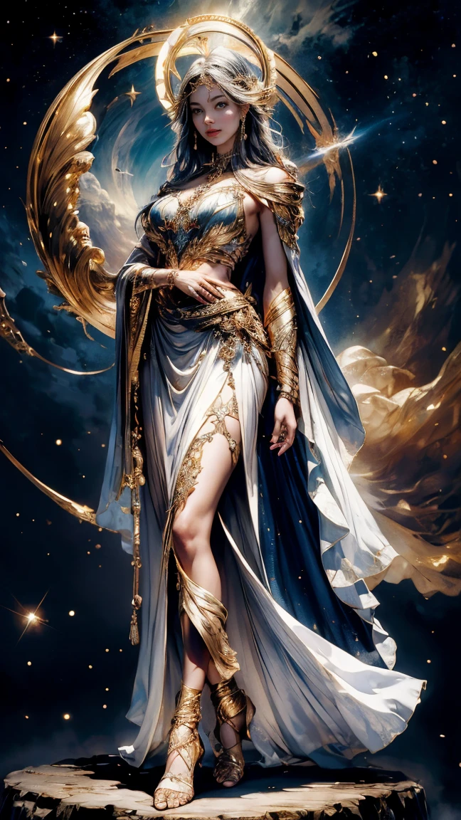 masterpiece, Highest quality, Super detailed, 8k, High resolution, Realistic, Greek Mythology, Fantasy, A Legend, Mythical world, meditation, Symmetric, Divine halo, magic circle, eclipse, nebula, 一peopleで, Stunningly beautiful woman, Beautiful Face, people々A smile that brings peace to, "Aphrodite", Full Body Shot, Elaborate, intricately crafted, luxurious dress, Gold ornaments, White Cape,