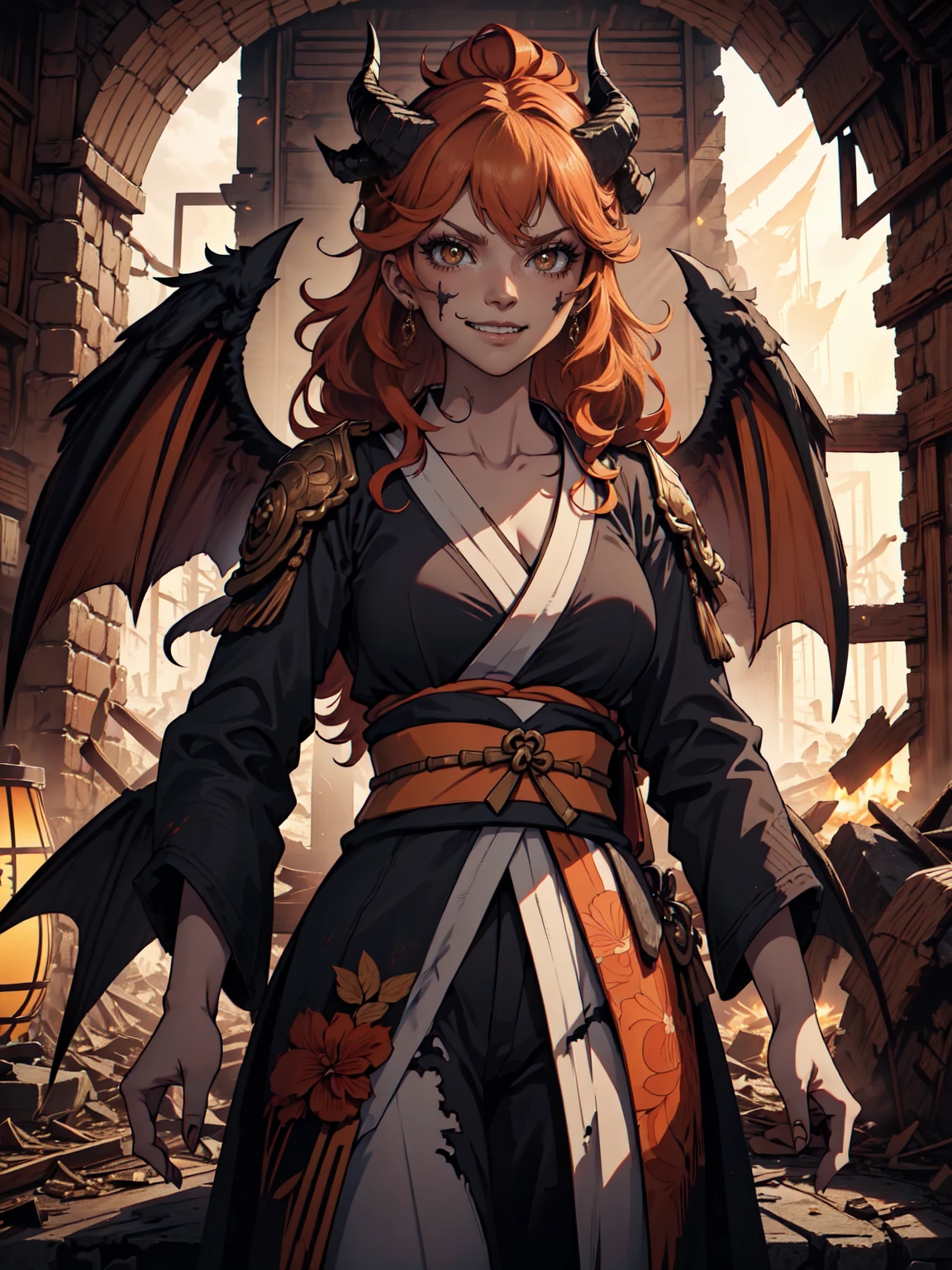 最high quality、Ultra High Definition, Ultra High Quality, Hyper Detailed, Extremely Detailed, Best image quality、masterpiece、anime Demon Young Mistress((25-year-old、super dynamic pose , Valkyrie,  Solid Orange Demon Eyes, Long Orange Curly Hair 、Disheveled Hair 、 Big Angel Dark Wings, White-Orange Horns, Dressed With Black Kimono, Pants, Evil Smile, Scary expression, charismatic, Detailed Kimono , ))Beautiful art、background((Inside the burned town))、Written boundary depth、anime style,Visual Art, 8K,Genuine