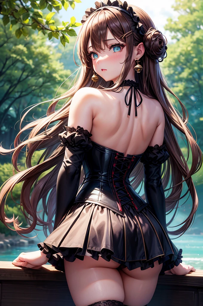 A beautiful girl in a black dress leaning forward on a wooden platform, she is lifting something, turns to look back, looks back at the viewer, anime girl, rose garden, beautiful and sunny day, black lolita dress with lots of ruffles, floral print dress, short sleeve, lolita choker, low-cut chest, big round breasts, white lace thigh-high stockings, white lace panties, (shows her panties: 1.4), thin lingerie, black lolita shoes, dark brown hair, gradient bangs, french braid, long hair, ponytail, wavy hair, swept bangs, shiny hair, hairclip, hair ribbon, hair flower, jewelry, lolita hairband, aqua eyes, glowing eyes, pupils sparkling, earrings, light smile, blush, happy, red lips, slim waist, shapely legs, beautiful thighs, cute round buttocks, exposed ass, princess dress, short skirt, skirt lift, upskirt, high detail, anime, dithering, image fill, from behind, from below, perspective, Wide-Angle, f/1.8, 85mm, Sony FE GM, 8k, 8k wallpaper, super detail, highly detailed CG, UHD, retina, masterpiece, accurate, anatomically correct, textured skin, highres, best quality:1.3, 16k