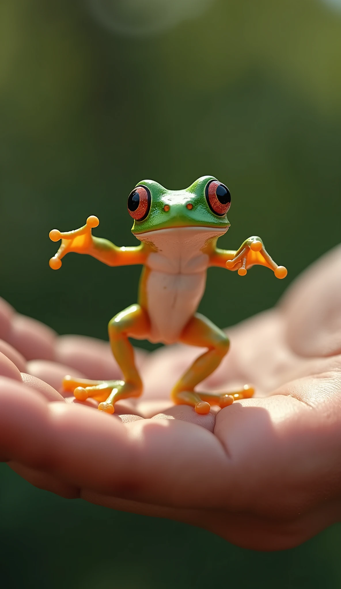 photorealistic, 34k, A tiny baby frog dancing perched on a human hand