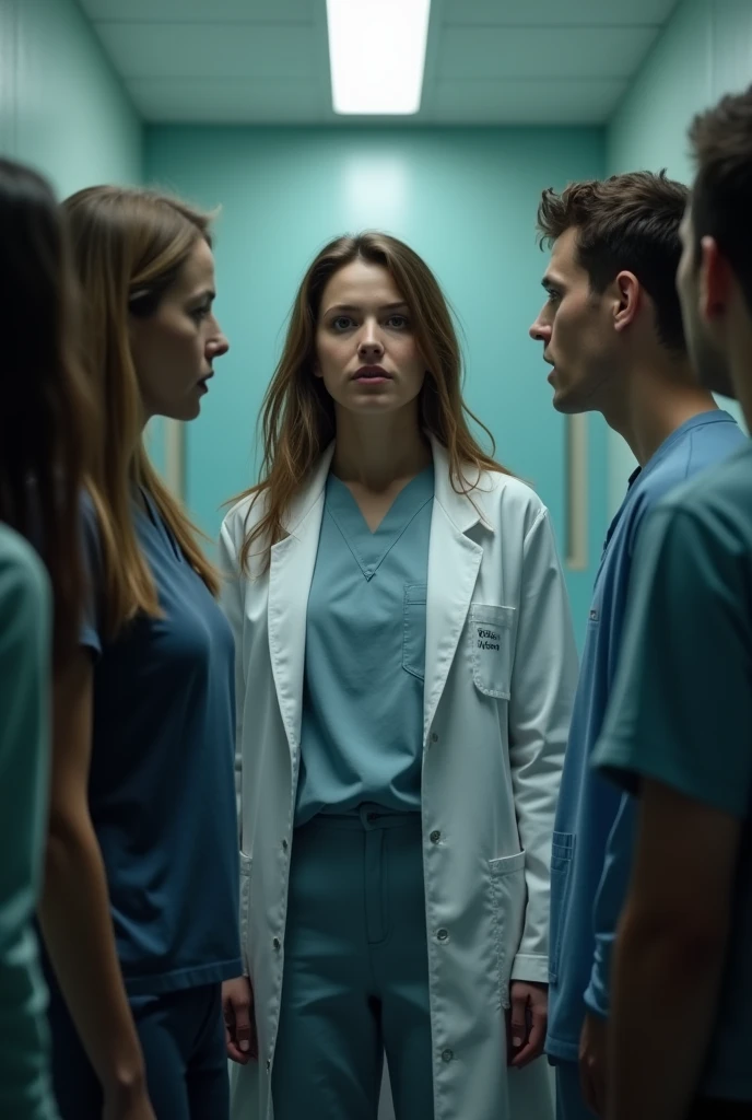 A girl wearing white coat arguing with some men and women in hospital a little dark theme