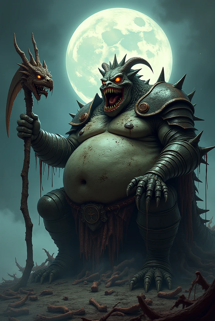 A corpulent humanoid zombie dragon with armor and vampire fangs on a pile of bones and a scythe in his right arm with a full moon background and a frightening aura and in the other hand the head of another dragon with bandages on its eyes
