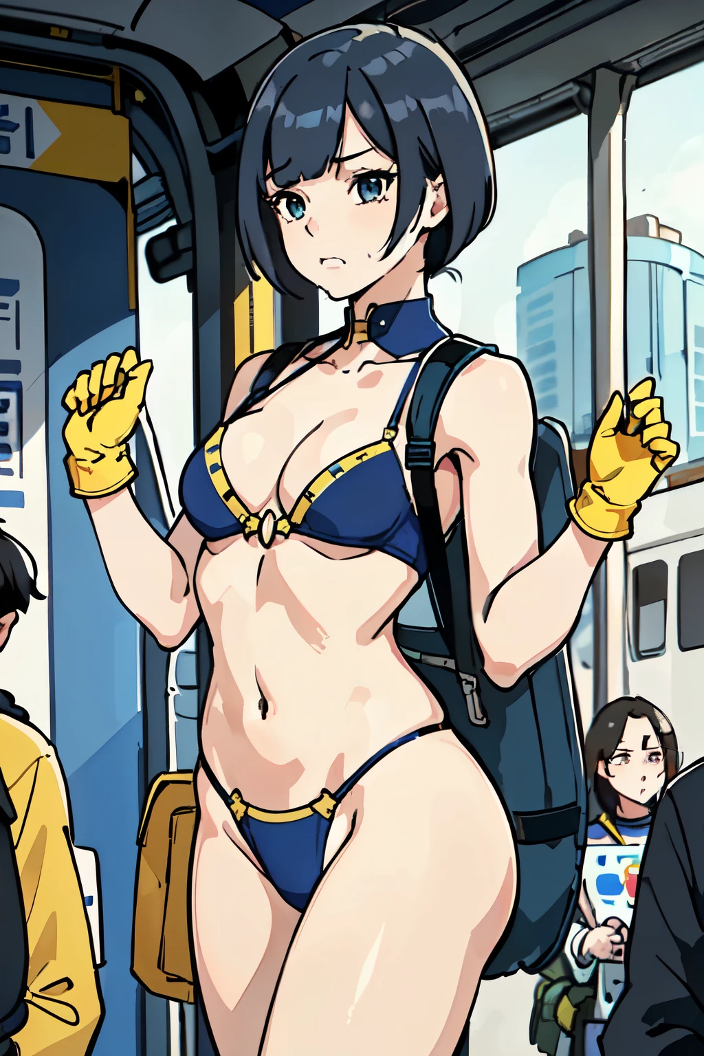 best quality, masterpiece, 1 girl, (drooling:1.4), (side cut hair with bangs:1.3), tight fitting blue and yellow bikini, backpack, gloves, (small breast, cleavage, underboobs:1.3), (metro station:1.2), lively, bustling, cyber