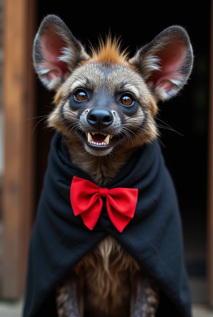 a grinning hyena wearing a black durag and bright red bow tie with rough tangled fur at a doorstep, nightmare 