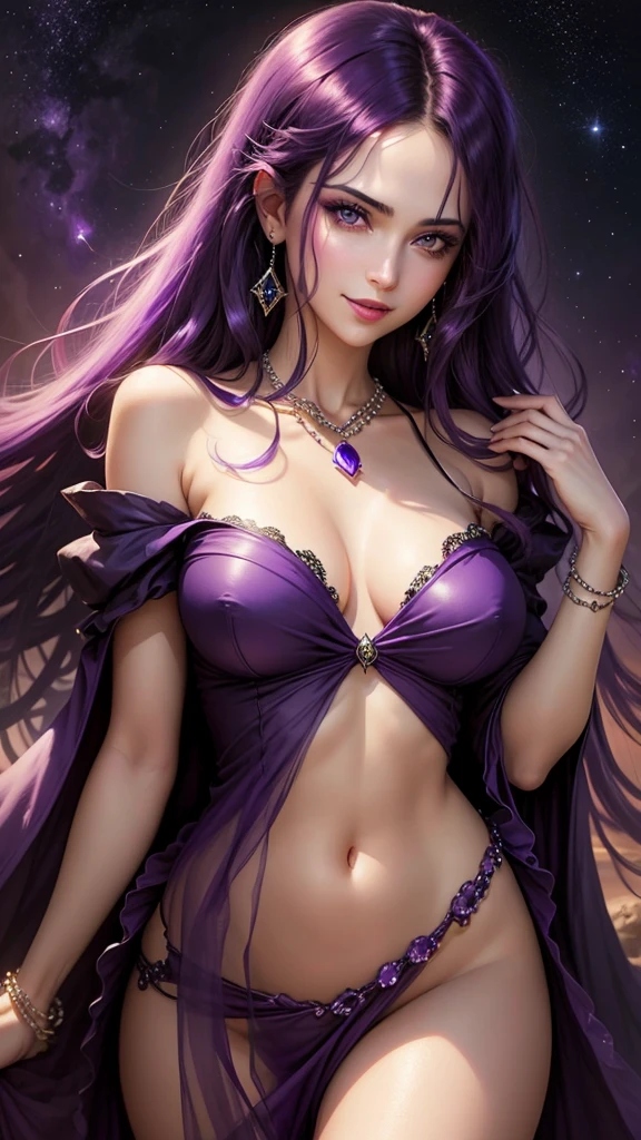 beautiful girl sex with thick purple hair. purple bottomless eyes. purple lipstick. menacing look. mesmerizing smile. necklace of purple pearls. lush bust open purple blouse. background starry sky with purple moon photorealistic. style luis royo, tony burton