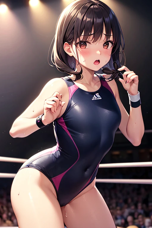 score_9,score_8_Excellent,score_7_Excellent,masterpiece,Highest quality, Source Anime, Realistic, sExcellenter detailed, Very detailed, evaluation_safety,
One person, wrestling, Fighting Pose,
Break Girl, , Straight Hair,hair band, (Blunt bangs), Black Hair, (puppet, small and cute brown eyes), Curled eyelashes, (Large Breasts:0.9),
Shiny Hair, Beautiful attention to detail, Beautiful Face,The body is slim,
(Cute pink one piece swimsuit,Wristband, wrestlingブーツ:1.2), Sweat,
blush, strict, Open your mouth, Heavy breathing,
stage, wrestling stage, crowd, illumination, Shadow,