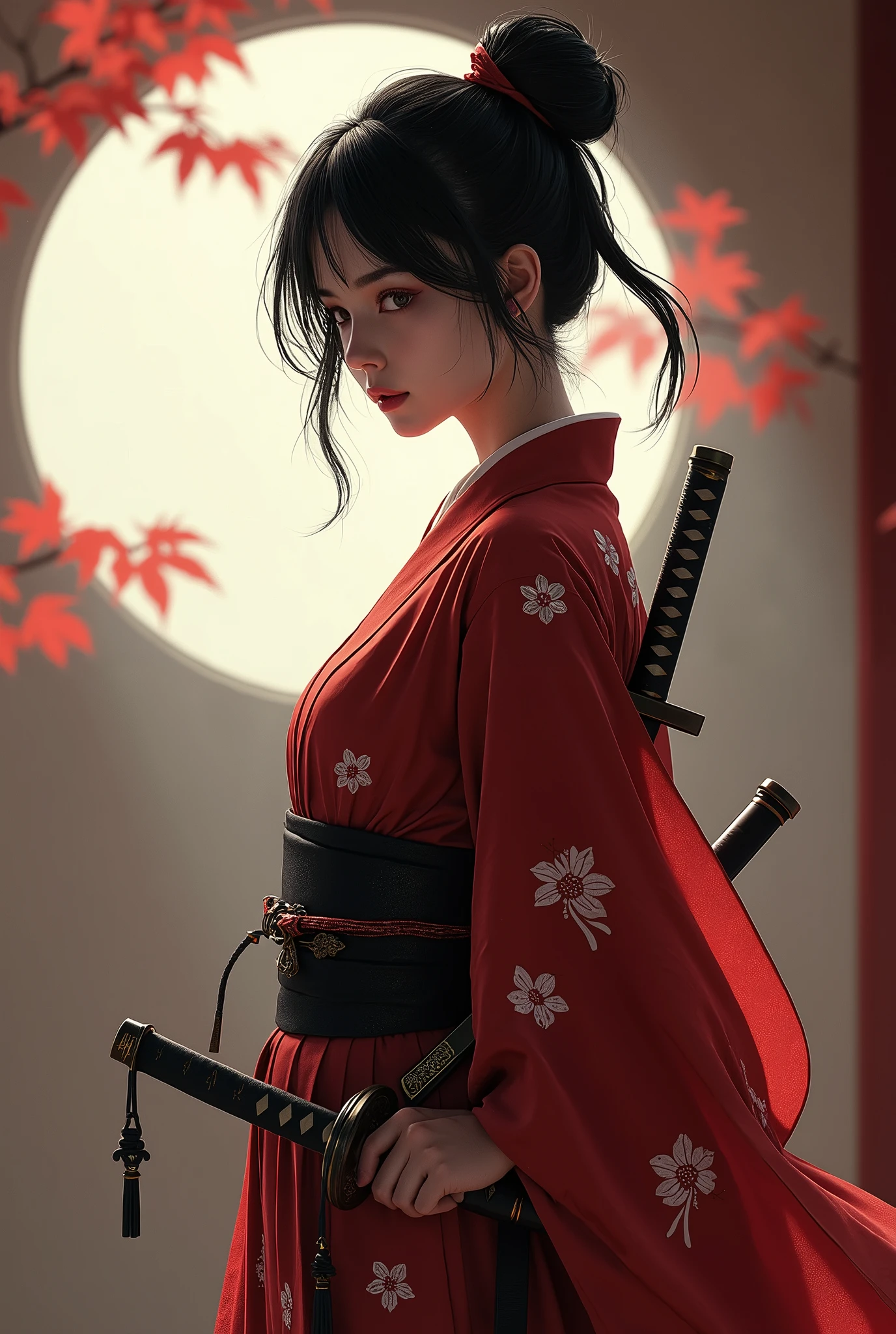 Samurai girl, short black hair tied back, wearing Japanese kimono and hakama, two Japanese swords across her waist, ((masterpiece, highest quality, Highest image quality, High resolution, photorealistic, Raw photo, 8K)), ((Extremely detailed CG unified 8k wallpaper)), (huge stunning goddess shot, very hot and sexy, jaw-dropping beauty, perfect proportions, beautiful body, slim body beauty:1.4),  