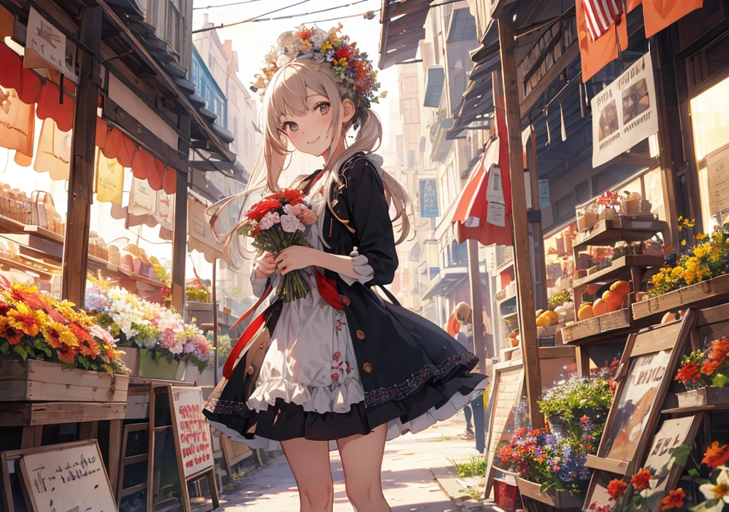 Realistic photos, Focus distance 10mm, Red and white, Beautiful girl, Realistic photos, Shooting at focus distance 10mm, masterpiece, 最high quality, high quality, Very detailed CG 8k wallpaper unit, Award-winning photography, Depth of written boundary, High resolution, bloom, chromatic aberration, Realistic, Very detailed, Art Station Trends, CGsociety Trends, Complex, High detail, dramatic, Art on the go, volumetric lighting, A young girl holds a bouquet of flowers amidst rows of colorful fruit and fresh flowers in a bustling Disney-style French market, smiling as she enjoys the scent of the flowers, with Disney-style painted old stone buildings in the background