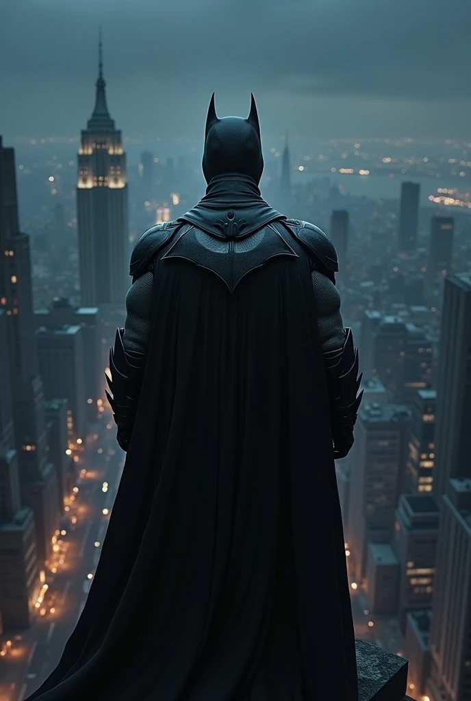Batman in his suit, on top a building, back shot, watching the city skyline at night. It's dark
