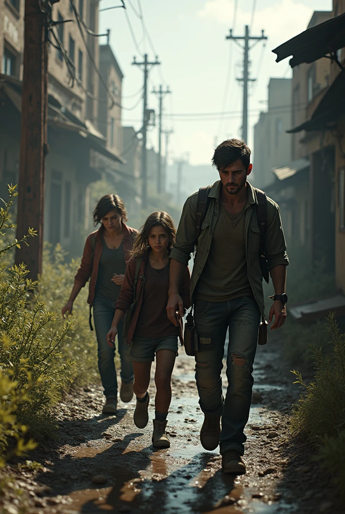 Generate me an image of the last of us where four characters appear Nick a 28 year old boy, Nia a 16 year old girl, Ellie, a 1, and Joel, a 30-year-old man who is injured and is escaping from danger.