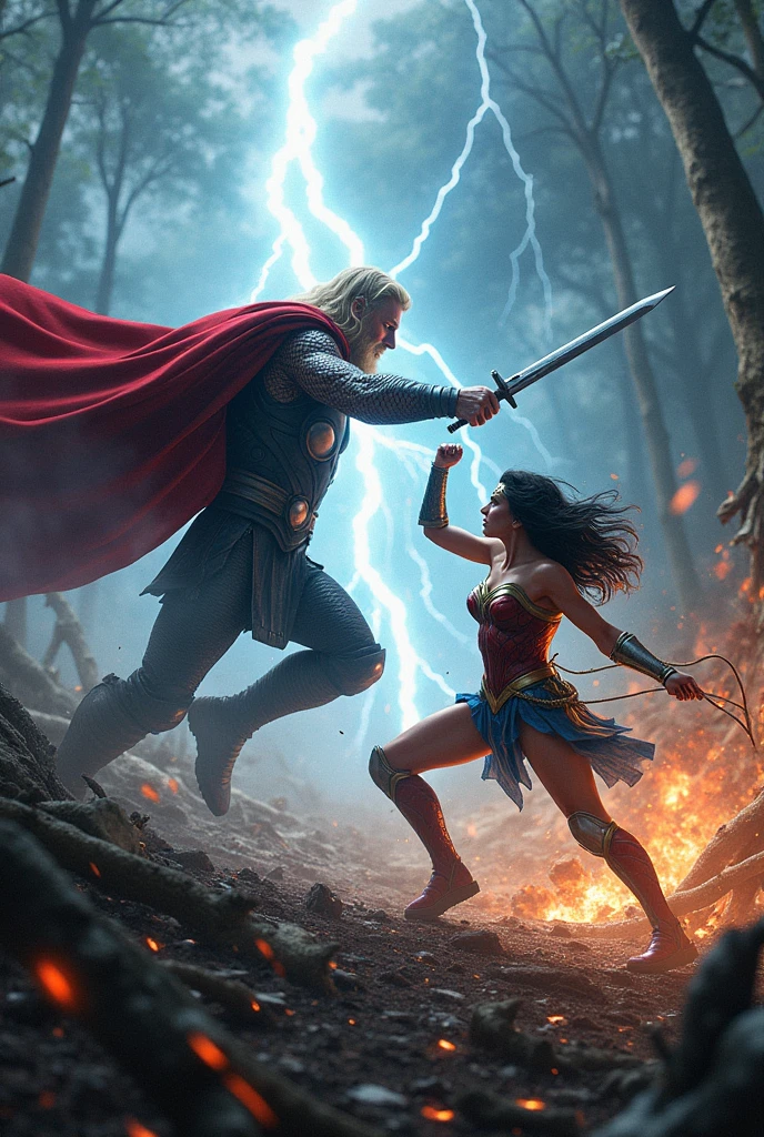 God vs. Amazon: In a forest of shattered trees and scorched earth, Thor and Wonder Woman face off. Thor channels a tempest to create a cyclone of wind and lightning, while Wonder Woman deftly maneuvers through the storm, countering with her lasso and sword. Capture the contrast of their fighting styles.
