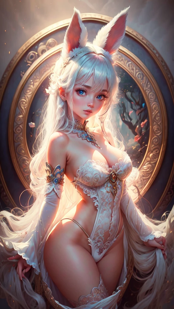 (best quality,4k,8k,highres,masterpiece:1.2),anime,white-haired girl,bunny ears,red eyes,shy blush,,detailed eyes and face,long eyelashes,soft and silky hair,peaceful expression,graceful pose,gentle smile,beautiful detailed lips,vivid colors,fantasy background,soft lighting,subtle shadows,whimsical atmosphere,dreamlike ambiance, full body, detailed face, detailed eyes, detailed hands, half naked