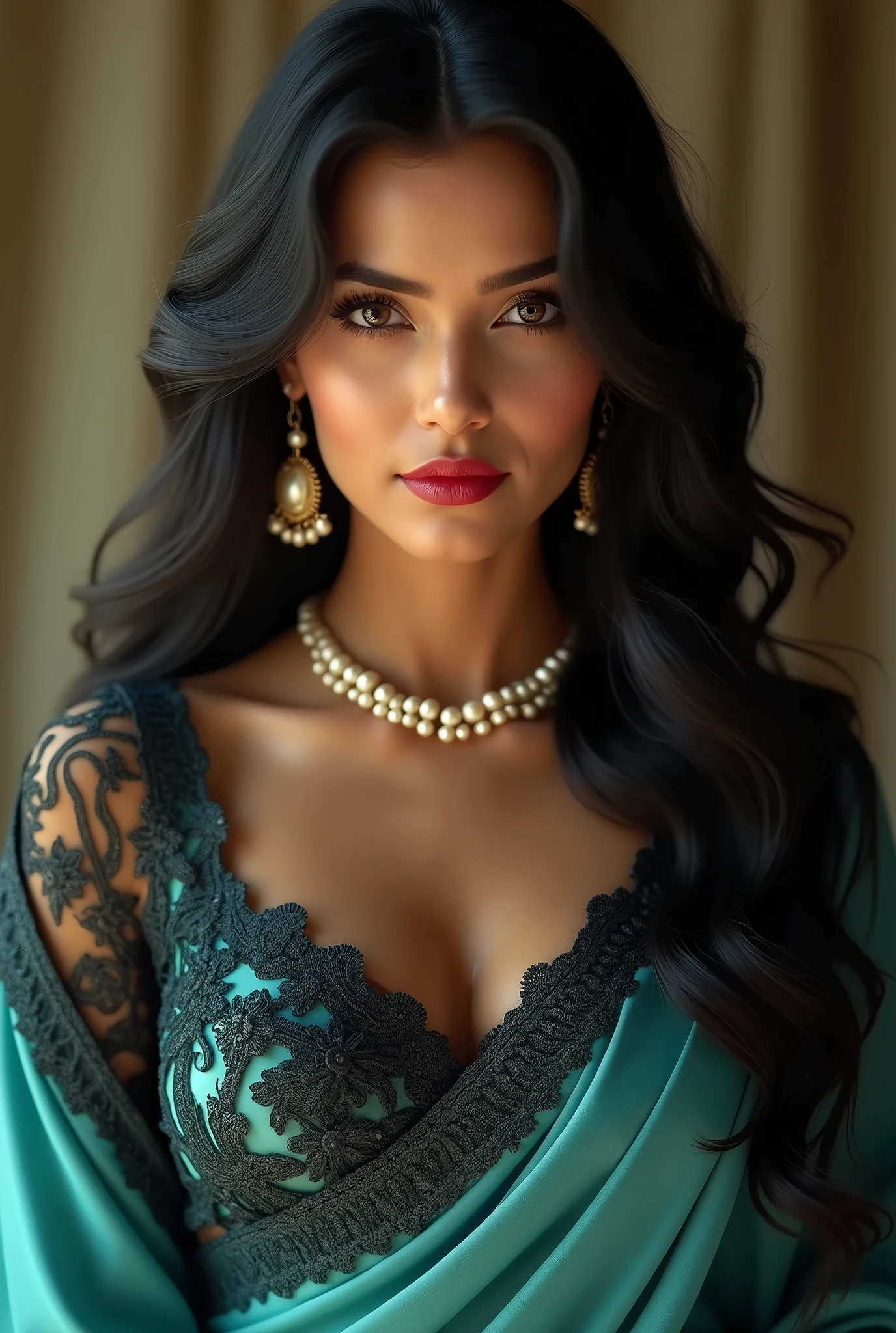 ultra realistic 8k cg, picture-perfect face, flawless, clean, masterpiece, professional artwork, famous artwork, cinematic lighting, cinematic bloom, super realistic 8K, Perfect, clean , masterpiece, Professional artwork, famous artwork, face perfect, 23yo girl, solo, alluring step daughter ,(sexy Bangladeshi women:1.2), beautiful woman,very sexy appearance, seductive , rosy cheeks, smooth skin, huge breasts, smooth face, detailed face, smooth skin,shiny skin,highly detailed face, detailed face, perfect proportions, well-proportioned body of six heads, huge breasts, thin waist, navel, big butt , crotch gap, large thighs,mature,toned legs, long neck, big ,detailed hair, ,detailed breasts, slim waist,beauty, long eyelashes, hourglass body, juicy lips,Beautiful expression, beautiful eyes, Looks good with straight long hair, Black hair, long hair, silky hair, detailed bangs, (hair between eyes:1.2), ((Light olive eyes:1.2)), looking into the camera, detailed eyebrows, (hourglass body:1.3), ultra detailed, best illustrated, showing off, seductive_pose, sexy eyes,full-body_portrait, Intrinsic exquisite details of (eyes, hair, skin, face, hands, fingers, anatomy), stunning otherworldly beauty, sexy pose, She is wearing (Teal Crêpe Saree with black lace design:1.3) and (Shine In A Sequins Design Blouse:1.5),(gorgeous bright neon blue eye makeup),(double eyelids,long eyelashes), (thin red winged eyeliner), full and juicy lips(glossy red lipstick:1.3), belly jewelery, pearl necklace, pearl ear_rings, perfect fingers and nails, red_fingernails, golden ratio, seductive_pose, big_boobies,deep cleavage, ,professional photoshot, incredibly beautiful woman in the form of a 'Desi Milf', elegant wild beauty and attractiveness, seductiveness and inaccessibility, beautiful, photoshot for Vogue magazines, sensual, ultra detailed, ,mature female,1 girl,cowboy_pose,naughty, (iu:0.8),cleavage,