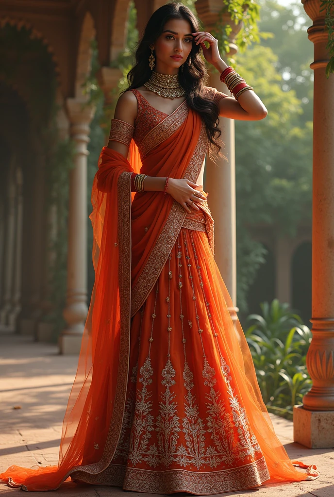 Indian woman in lehenga standing with one hand on waist and other on head