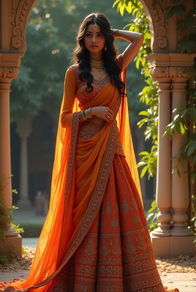 Indian woman in lehenga standing with one hand on waist and other on head