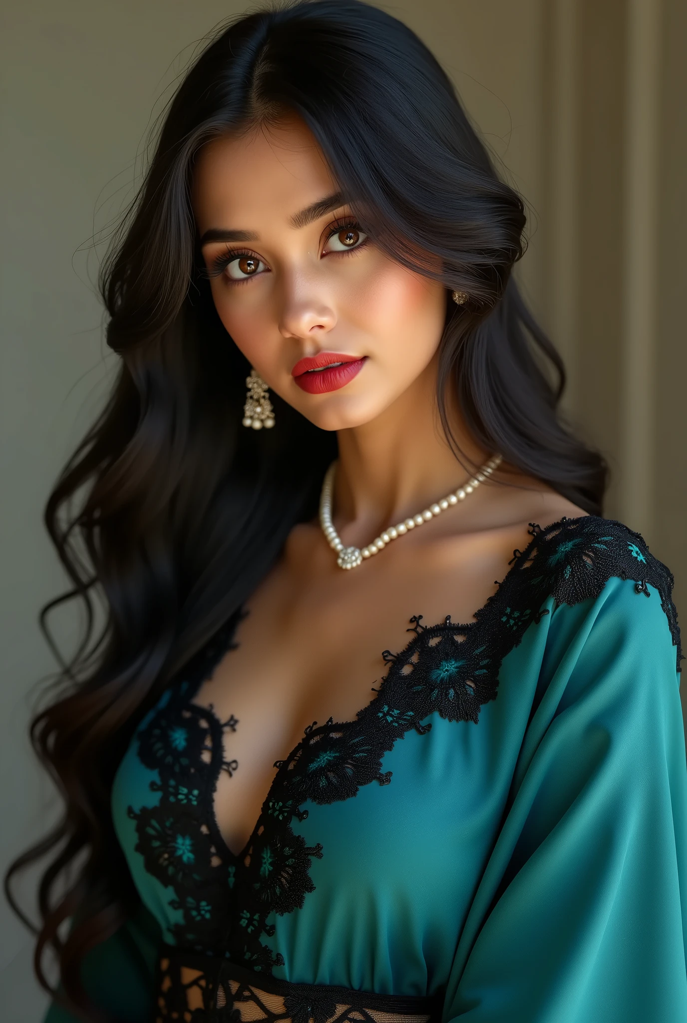 ultra realistic 8k cg, picture-perfect face, flawless, clean, masterpiece, professional artwork, famous artwork, cinematic lighting, cinematic bloom, super realistic 8K, Perfect, clean , masterpiece, Professional artwork, famous artwork, face perfect, 23yo girl, solo, alluring step daughter ,(sexy Bangladeshi women:1.2), beautiful woman,very sexy appearance, seductive , rosy cheeks, smooth skin, huge breasts, smooth face, detailed face, smooth skin,shiny skin,highly detailed face, detailed face, perfect proportions, well-proportioned body of six heads, huge breasts, thin waist, navel, big butt , crotch gap, large thighs,mature,toned legs, long neck, big ,detailed hair, ,detailed breasts, slim waist,beauty, long eyelashes, hourglass body, juicy lips,Beautiful expression, beautiful eyes, Looks good with straight long hair, Black hair, long hair, silky hair, detailed bangs, (hair between eyes:1.2), ((Light olive eyes:1.2)), looking into the camera, detailed eyebrows, (hourglass body:1.3), ultra detailed, best illustrated, showing off, seductive_pose, sexy eyes,full-body_portrait, Intrinsic exquisite details of (eyes, hair, skin, face, hands, fingers, anatomy), stunning otherworldly beauty, sexy pose, She is wearing (Teal Crêpe Saree with black lace design:1.3) and (Shine In A Sequins Design Blouse:1.5),(gorgeous bright neon blue eye makeup),(double eyelids,long eyelashes), (thin red winged eyeliner), full and juicy lips(glossy red lipstick:1.3), belly jewelery, pearl necklace, pearl ear_rings, perfect fingers and nails, red_fingernails, golden ratio, seductive_pose, big_boobies,deep cleavage, ,professional photoshot, incredibly beautiful woman in the form of a 'Desi Milf', elegant wild beauty and attractiveness, seductiveness and inaccessibility, beautiful, photoshot for Vogue magazines, sensual, ultra detailed, ,mature female,1 girl,cowboy_pose,naughty, (iu:0.8),cleavage,