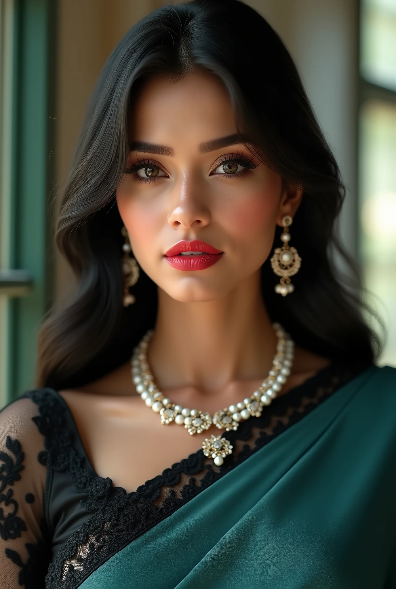 ultra realistic 8k cg, picture-perfect face, flawless, clean, masterpiece, professional artwork, famous artwork, cinematic lighting, cinematic bloom, super realistic 8K, Perfect, clean , masterpiece, Professional artwork, famous artwork, face perfect, 23yo girl, solo, alluring step daughter ,(sexy Bangladeshi women:1.2), beautiful woman,very sexy appearance, seductive , rosy cheeks, smooth skin, huge breasts, smooth face, detailed face, smooth skin,shiny skin,highly detailed face, detailed face, perfect proportions, well-proportioned body of six heads, huge breasts, thin waist, navel, big butt , crotch gap, large thighs,mature,toned legs, long neck, big ,detailed hair, ,detailed breasts, slim waist,beauty, long eyelashes, hourglass body, juicy lips,Beautiful expression, beautiful eyes, Looks good with straight long hair, Black hair, long hair, silky hair, detailed bangs, (hair between eyes:1.2), ((Light olive eyes:1.2)), looking into the camera, detailed eyebrows, (hourglass body:1.3), ultra detailed, best illustrated, showing off, seductive_pose, sexy eyes,full-body_portrait, Intrinsic exquisite details of (eyes, hair, skin, face, hands, fingers, anatomy), stunning otherworldly beauty, sexy pose, She is wearing (Teal Crêpe Saree with black lace design:1.3) and (Shine In A Sequins Design Blouse:1.5),(gorgeous bright neon blue eye makeup),(double eyelids,long eyelashes), (thin red winged eyeliner), full and juicy lips(glossy red lipstick:1.3), belly jewelery, pearl necklace, pearl ear_rings, perfect fingers and nails, red_fingernails, golden ratio, seductive_pose, big_boobies,deep cleavage, ,professional photoshot, incredibly beautiful woman in the form of a 'Desi Milf', elegant wild beauty and attractiveness, seductiveness and inaccessibility, beautiful, photoshot for Vogue magazines, sensual, ultra detailed, ,mature female,1 girl,cowboy_pose,naughty, (iu:0.8),cleavage,