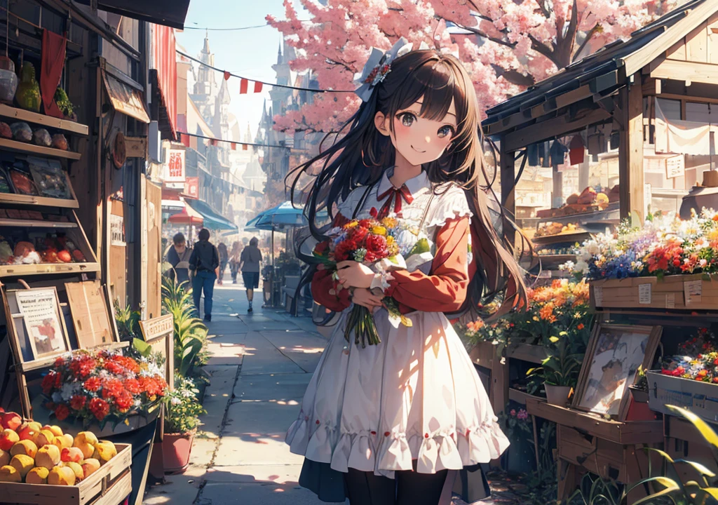Realistic photos, Focus distance 10mm, Red and white, Beautiful girl, Realistic photos, Shooting at focus distance 10mm, masterpiece, 最high quality, high quality, Very detailed CG 8k wallpaper unit, Award-winning photography, Depth of written boundary, High resolution, bloom, chromatic aberration, Realistic, Very detailed, Art Station Trends, CGsociety Trends, Complex, High detail, dramatic, Art on the go, volumetric lighting, A young girl holds a bouquet of flowers amidst rows of colorful fruit and fresh flowers in a bustling Disney-style French market, smiling as she enjoys the scent of the flowers, with Disney-style painted old stone buildings in the background
