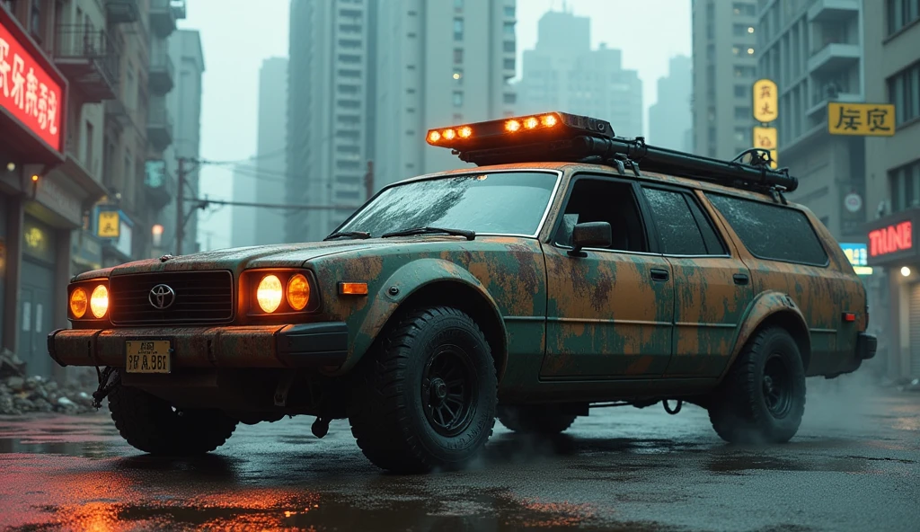 Cyberpunk Toyota Classic Armored Wagon、Shallow depth of field、(masterpiece:1.3) (最high quality:1.2) (high quality:1.1)、Cinematic Light, ((Cinema Lighting),(Natural light),(High level of artistry),(artistic),(Indistinguishable quality from the real thing),RAW Photos,Genuine,Genuine,High resolution,RAW Photos,masterpiece, beautiful,Wide-angle action shots, Post-apocalyptic, 