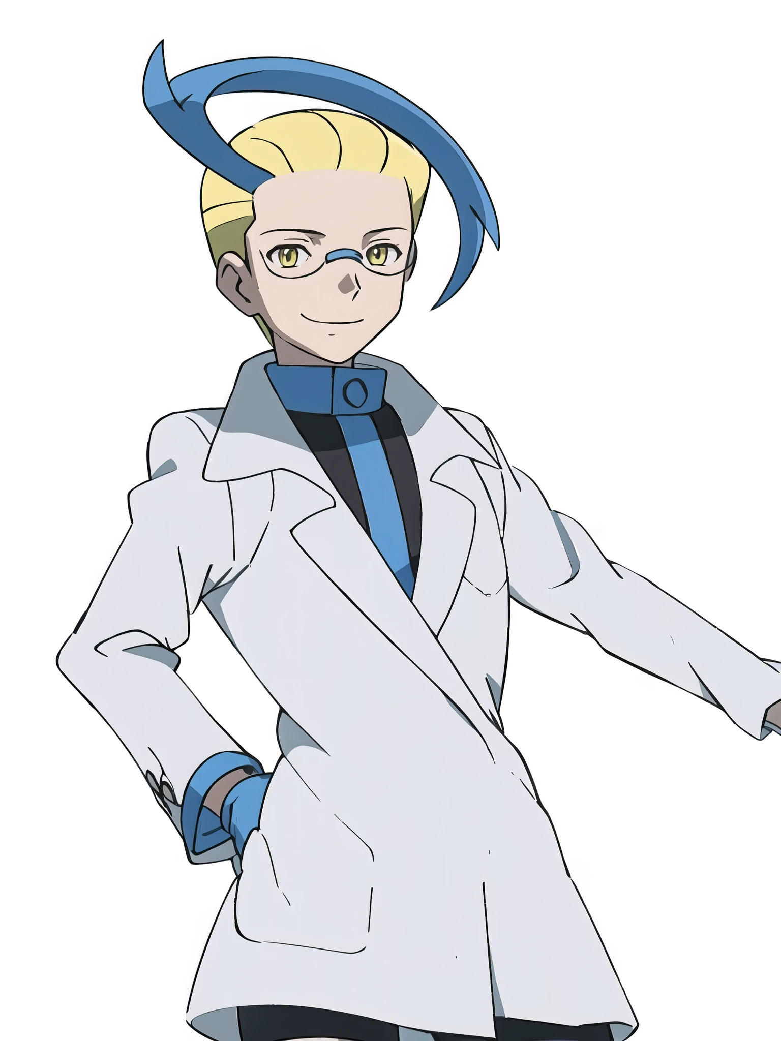 (masterpiece, best quality:1.2,ultra detailed,8k,zettai ryouiki),1boy,solo,Colress \(pokemon\),ahoge,blonde hair,yellow eyes,glasses,long sleeves,white gloves,labcoat,looking at viewer,smile
