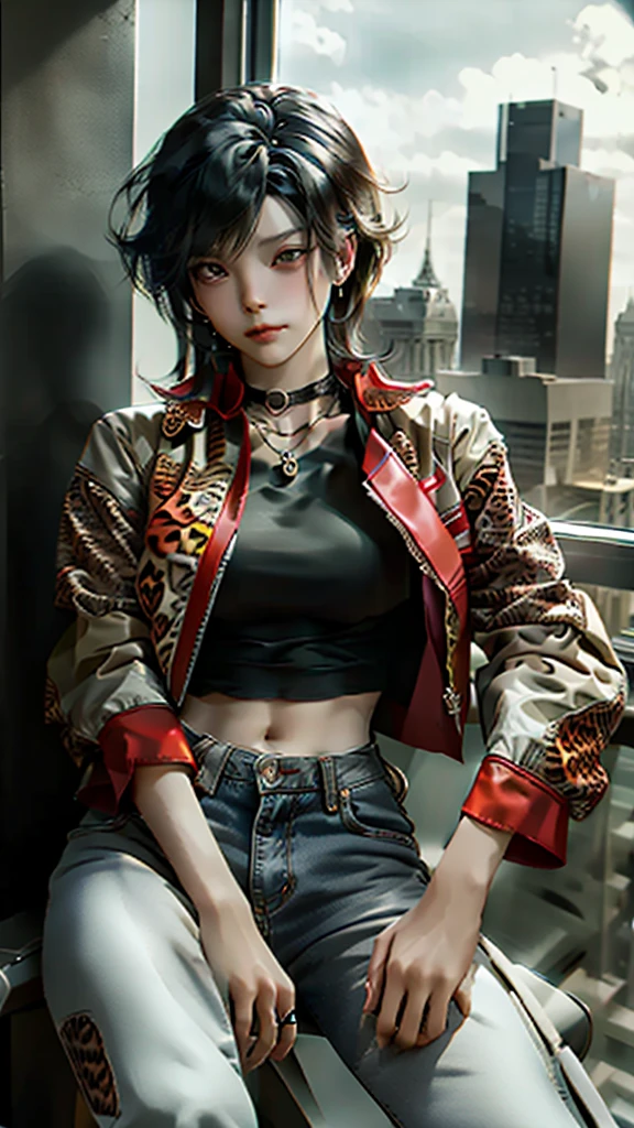 Black Hair、Spiky Hair、choker、Silver Necklace、See-through running shirt、To take apart, to dismantle、Red and leopard print leather jacket、chain、rivet、Distressed jeans with floral embroidery. A room in a high-rise building.、Looking Outside、Sitting in a leather chair with a high back, legs crossed、Sit leaning back、Wearing red high heels、anklet、I play with my necklace with my right hand、Tilting his head, he gazes at the buildings beyond the glass、A smirking, scheming expression、A boy sitting in a chair in a high-rise building, looking outside.masterpiece, best quality, detailed, ultra detailed, insanely detailed, exquisite, beautiful、masterpiece、