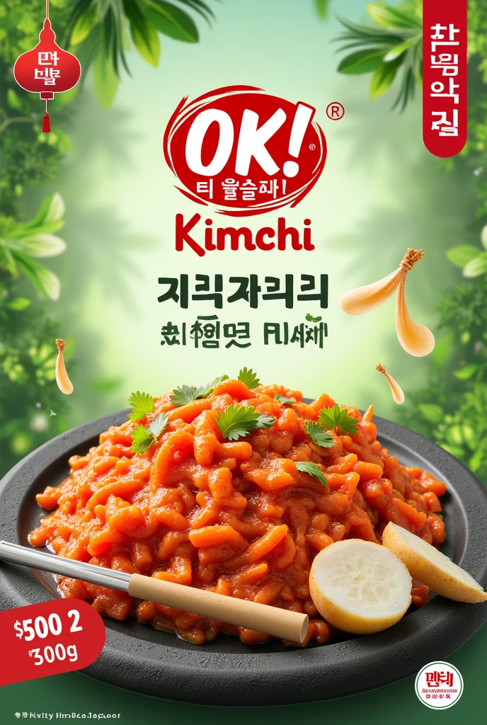 Create poster for advertisement purpose.
Add in our Brand's logo, OK! Kimchi. Please search the logo in Google or . Our product brand is OK! Kimchi, which origin from Miri, Sarawak, Malaysia.
Please use light and attractive colour to do the design, add in Korean culture elements to highlight the traditional food of kimchi. Please use real food image. Please use only English words. Add in product image of our cabbage Kimchi 500g and 300g, radish kimchi 300g, 2 in 1 kimchi 300g and radish pickles 300g
I need background with green and red color.
Add in words as below :
OK! Kimchi, one of the best Korean authentic kimchi you can found in town!