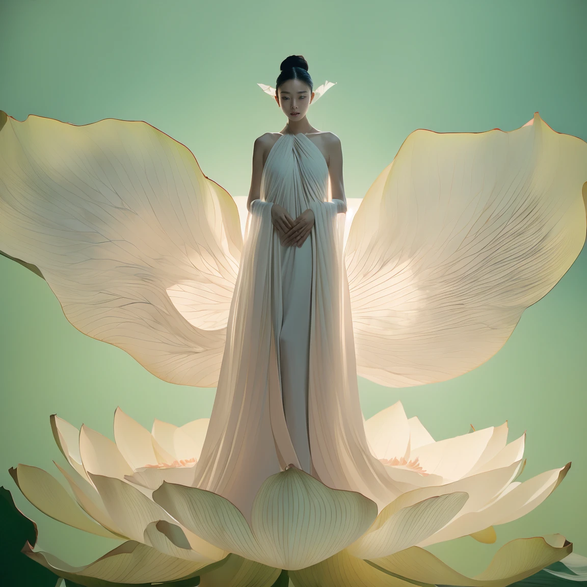 Axisymmetric:2，Front view，Symmetrical composition，Light pink and light white,Full body female,  White background, Natural Lighting, Lighting Effects, The Minimalists, elegant, Pure tenderness, Soft lighting, Realistically. woman (clavicle, Shoulders,) Place in (pray and stand) super giant lotus，The petals are big and long (The petals are very thin, Soft gauze, Full background of flowing petals, Floating petals, Super Flying Petals, Smoke and petals mixed effect), lotus dress,((view)).lotus_leaf_Fairy，Anatomically correct，((best quality)), ((masterpiece)), ((Practical))