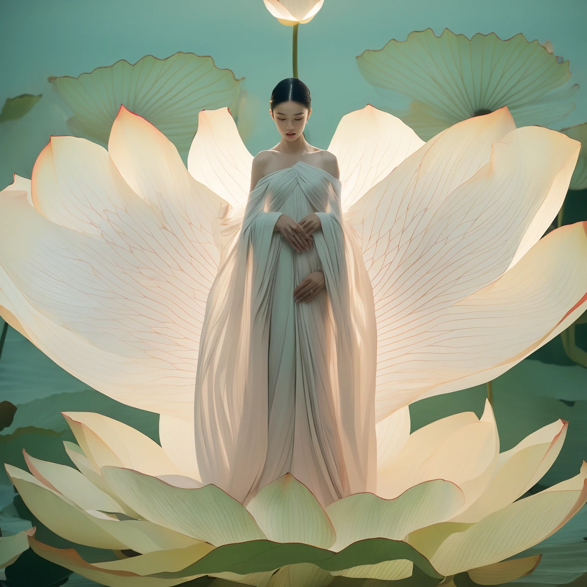 Axisymmetric:2,Front view,Symmetrical composition,Light pink and light white,Full body female, White background, Natural Lighting, Lighting Effects, The Minimalists, elegant, Pure tenderness, Soft lighting, Realistically. woman (clavicle, Shoulders,) Place in (pray and stand) super giant lotus,The petals are big and long (The petals are very thin, Soft gauze, Full background of flowing petals, Floating petals, Super Flying Petals, Smoke and petals mixed effect), lotus dress,((view)).lotus_leaf_Fairy,Anatomically correct,((best quality)), ((masterpiece)), ((Practical))