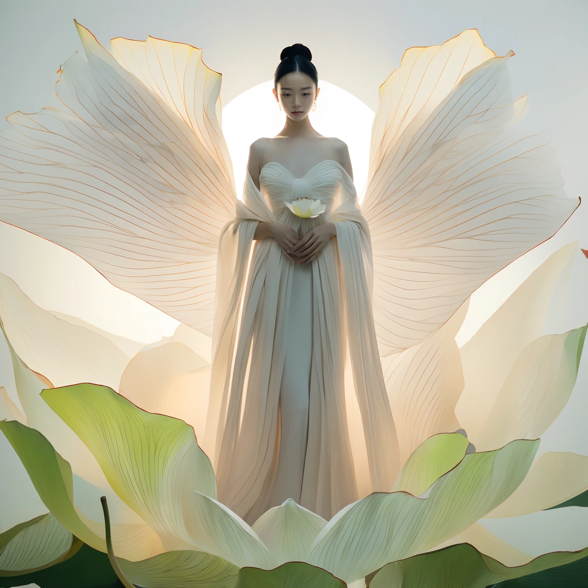 Axisymmetric:2，Front view，Symmetrical composition，Light pink and light white,Full body female,  White background, Natural Lighting, Lighting Effects, The Minimalists, elegant, Pure tenderness, Soft lighting, Realistically. woman (clavicle, Shoulders,) Place in (pray and stand) super giant lotus，The petals are big and long (The petals are very thin, Soft gauze, Full background of flowing petals, Floating petals, Super Flying Petals, Smoke and petals mixed effect), lotus dress,((view)).lotus_leaf_Fairy，Anatomically correct，((best quality)), ((masterpiece)), ((Practical))