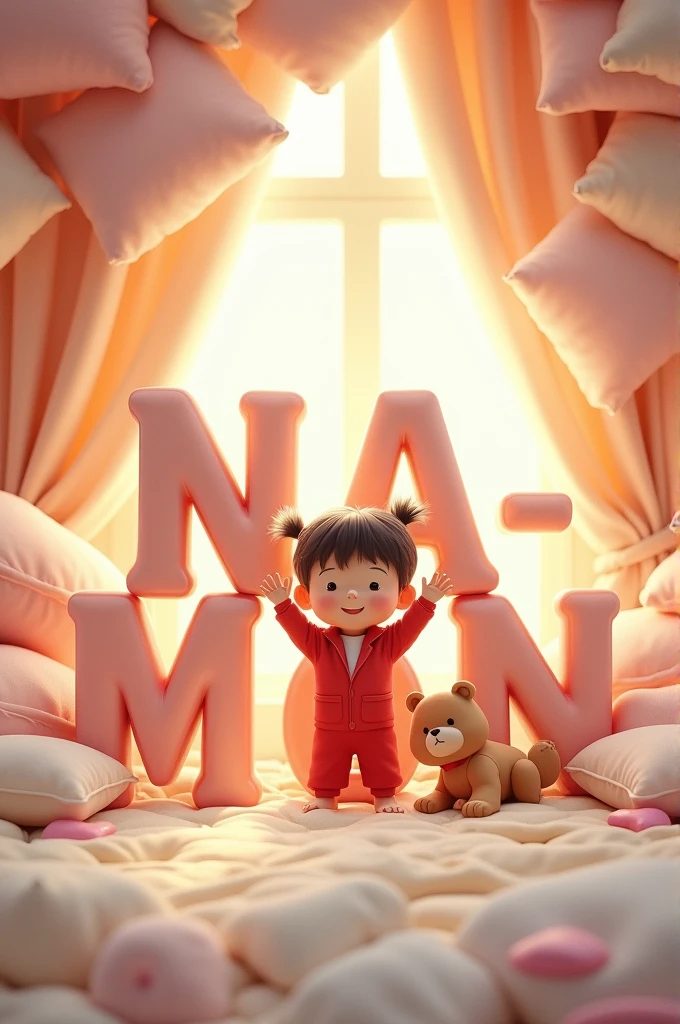 I want a logo with the letters NA-MON BUT WITH PILLOWS, BLANKETS, A TEDDY BEAR, A GIRL IN A RED SUIT AND PLAYING WITH TWO PILLOWS AND IN THE BACKGROUND SHEETS, BLANKETS AND MORE PILLOWS ARE FALLING