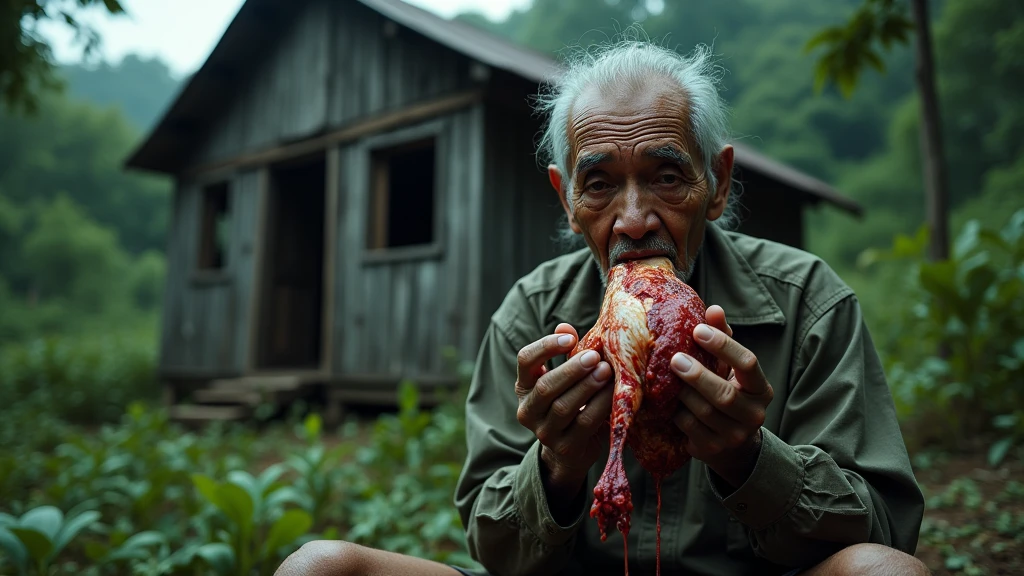 An Thai older man is sitting eat the chicken in the man's mouth is blood He’s Sitting next to an old house inside the forest view from another man. 8k