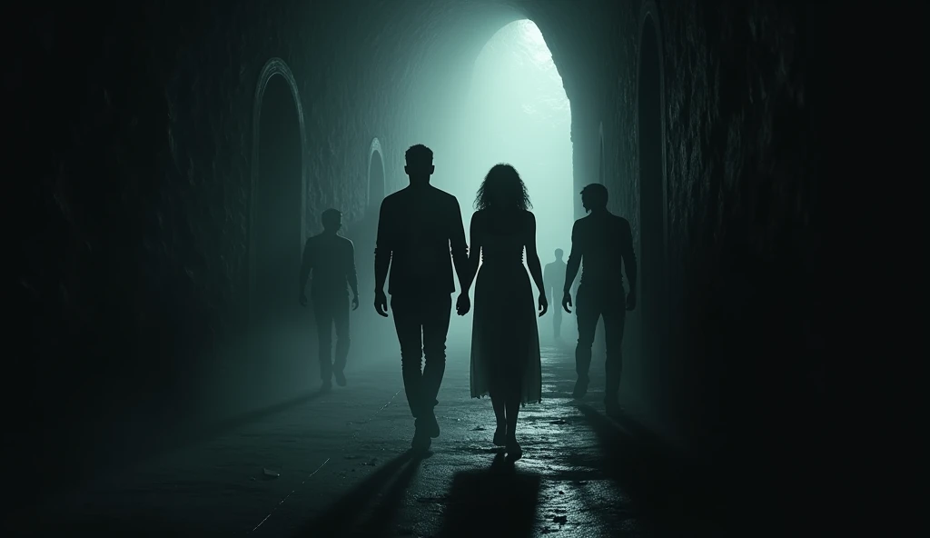 The Aryan and sia walking cautiously through a dimly lit tunnel with shadowy figures around them."