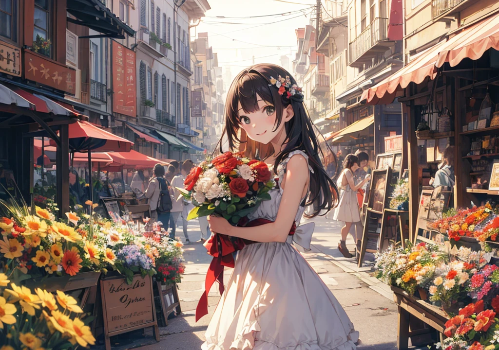 Realistic photos, Focus distance 10mm, Red and white, Beautiful girl, Realistic photos, Shooting at focus distance 10mm, masterpiece, 最high quality, high quality, Very detailed CG 8k wallpaper unit, Award-winning photography, Depth of written boundary, High resolution, bloom, chromatic aberration, Realistic, Very detailed, Art Station Trends, CGsociety Trends, Complex, High detail, dramatic, Art on the go, volumetric lighting, A young girl holds a bouquet of flowers amidst rows of colorful fruit and fresh flowers in a bustling Disney-style French market, smiling as she enjoys the scent of the flowers, with Disney-style painted old stone buildings in the background
