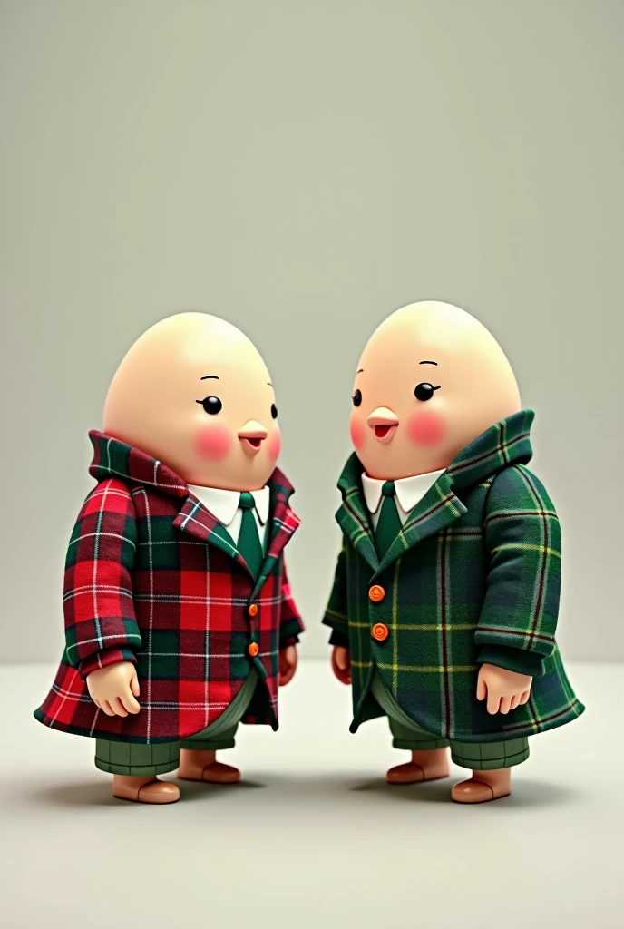 I want two photo eggs without animation or face, dressed in the style of a Scotsman, that his suit be red checkered and the other one green checkered, without background or with a smooth background, that they are facing each other