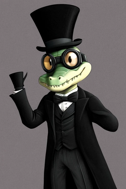 Cute anthropomorphic crocodile, eyes wide, cross-eyed, wearing a black overcoat, wearing a black top hat, with goggles on his top hat, animation