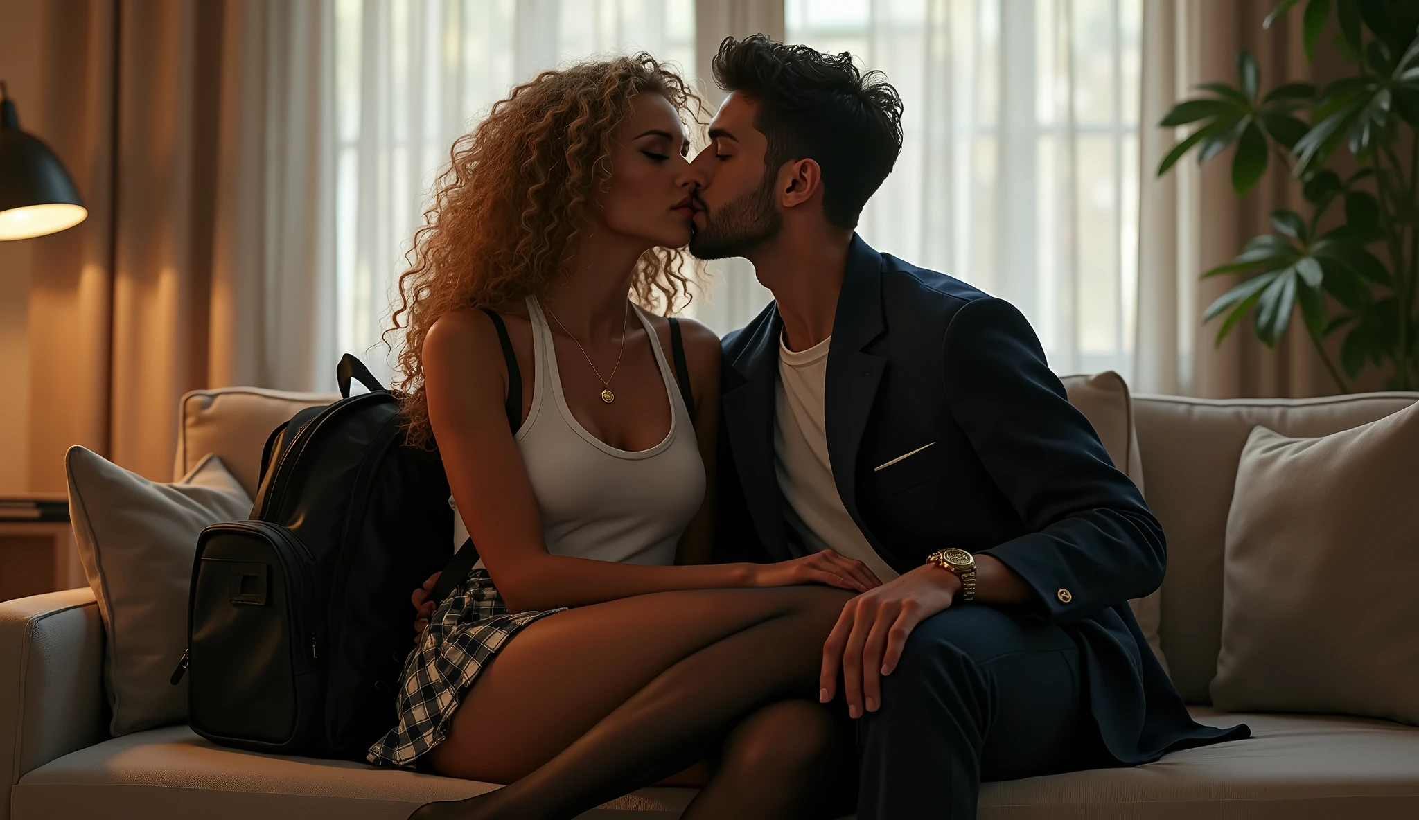 Show entire body, feet in view, gorgeous mixed race super model, medium build, slim waistline, pretty face, curly blonde hair, visible nipple, necklace, DD breasts, wearing American school uniform, plaid , wearing sheer black pantyhose, pretty feet, backpack, smiling, modern living room, a male wearing a men’s school uniform sits next to her, the female’s legs rest on his lap, the male is kissing the female’s leg