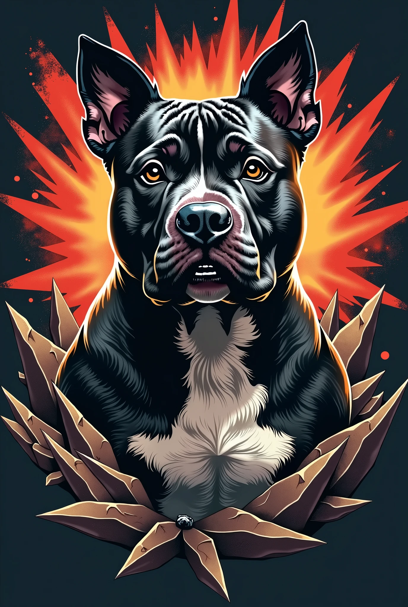 Image that can be used for a print on a T-shirt of an American bully dog with a maximum of 4 colors with a rock design, that you see a realistic photo with explosion details