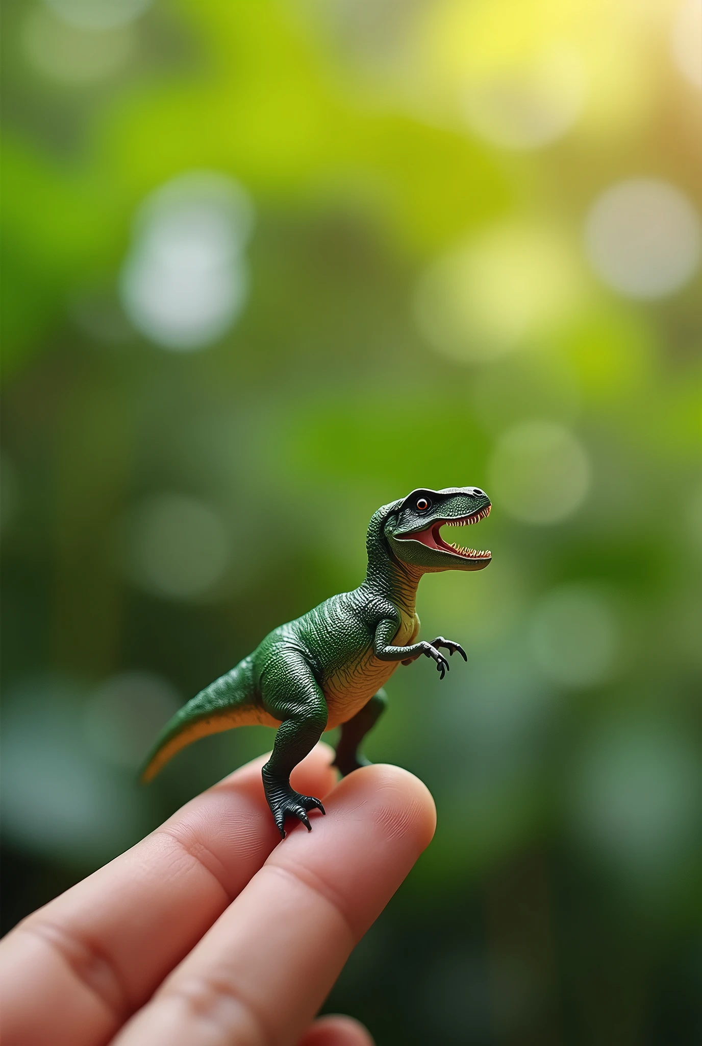 Photorealistic, 34k, A micro t-rex perched on a human finger